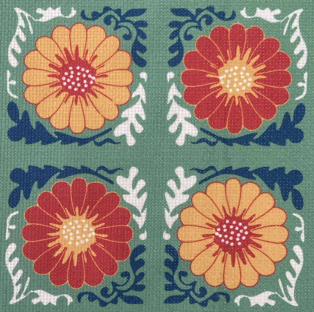 Pattern of red and orange flowers with green leaves on a green background